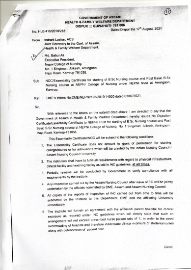 NOC by Govt of Assam for B.Sc Nursing