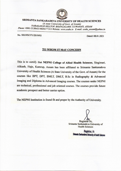 Affiliation by SSUHS for Paramedical Courses