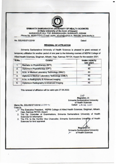 Renewal of Affiliation of Paramedical Course for 2021